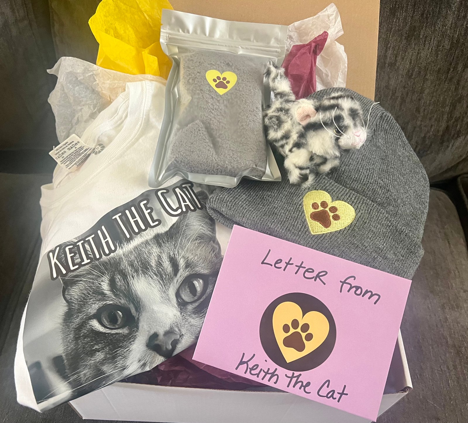 A real Keith the Cat care package fresh from the box
